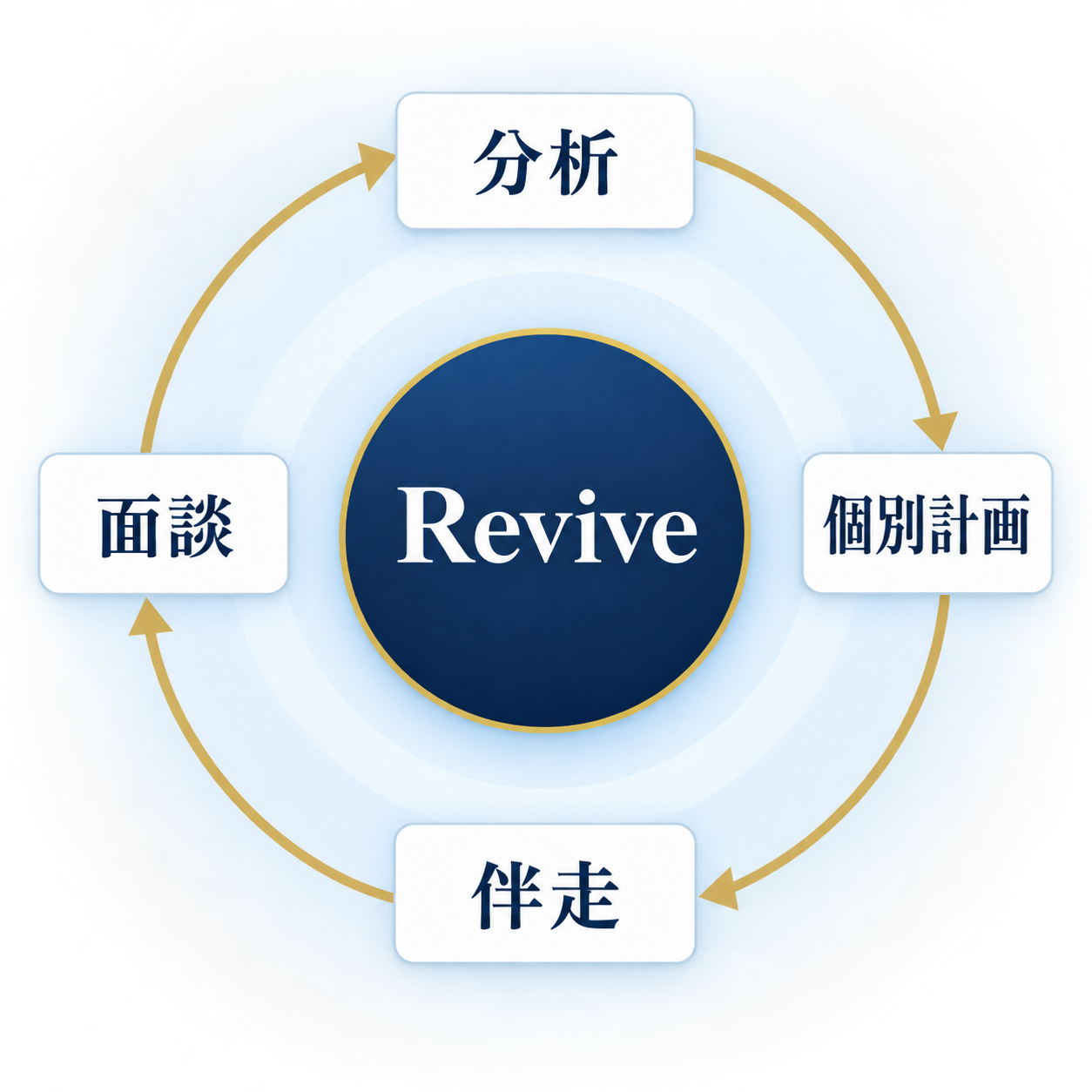分析、個別計画、伴走、面談を繰り返すReviveの指導サイクル